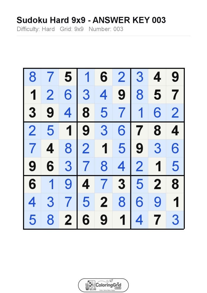 Sudoku HARD 9x9 Puzzle 003 - ANSWER