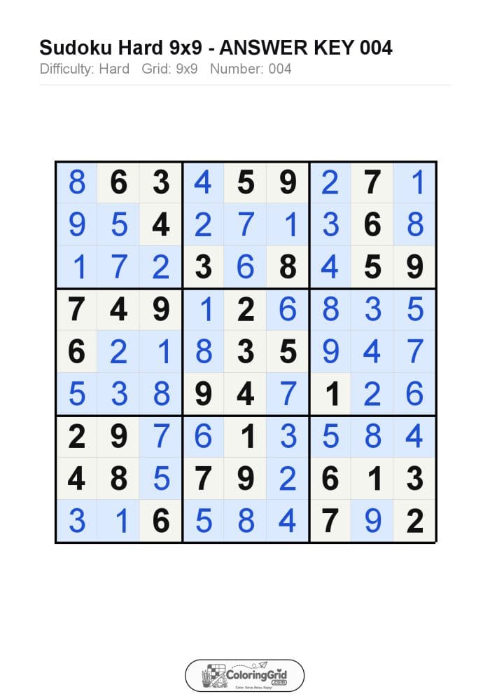 Sudoku HARD 9x9 Puzzle 004 - ANSWER