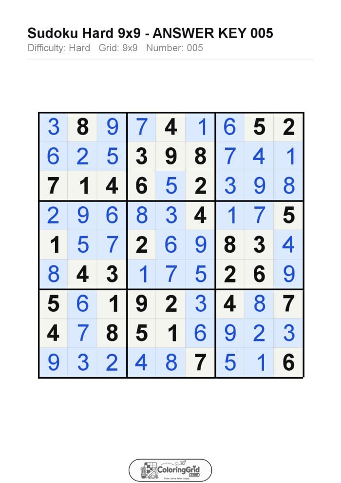 Sudoku HARD 9x9 Puzzle 005 - ANSWER
