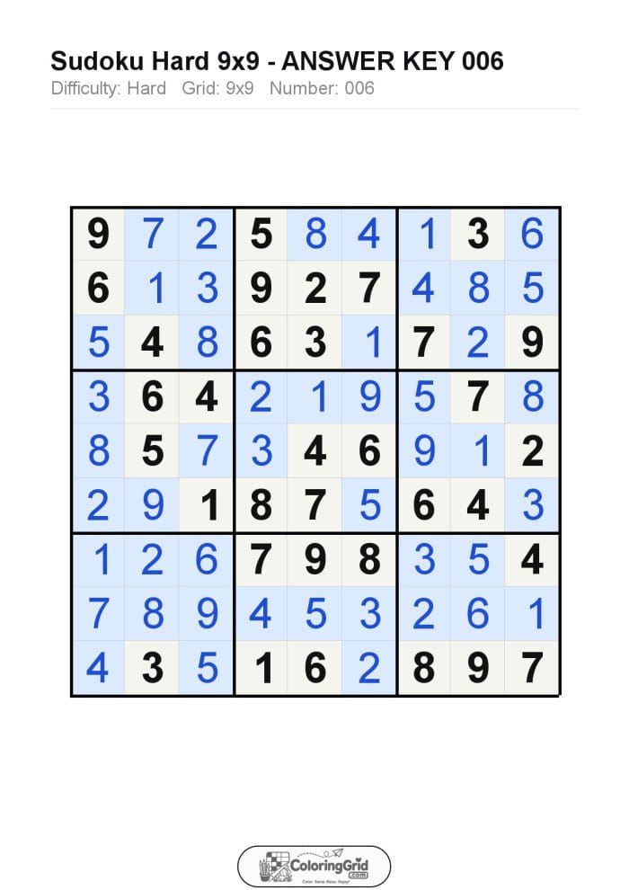 Sudoku HARD 9x9 Puzzle 006 - ANSWER