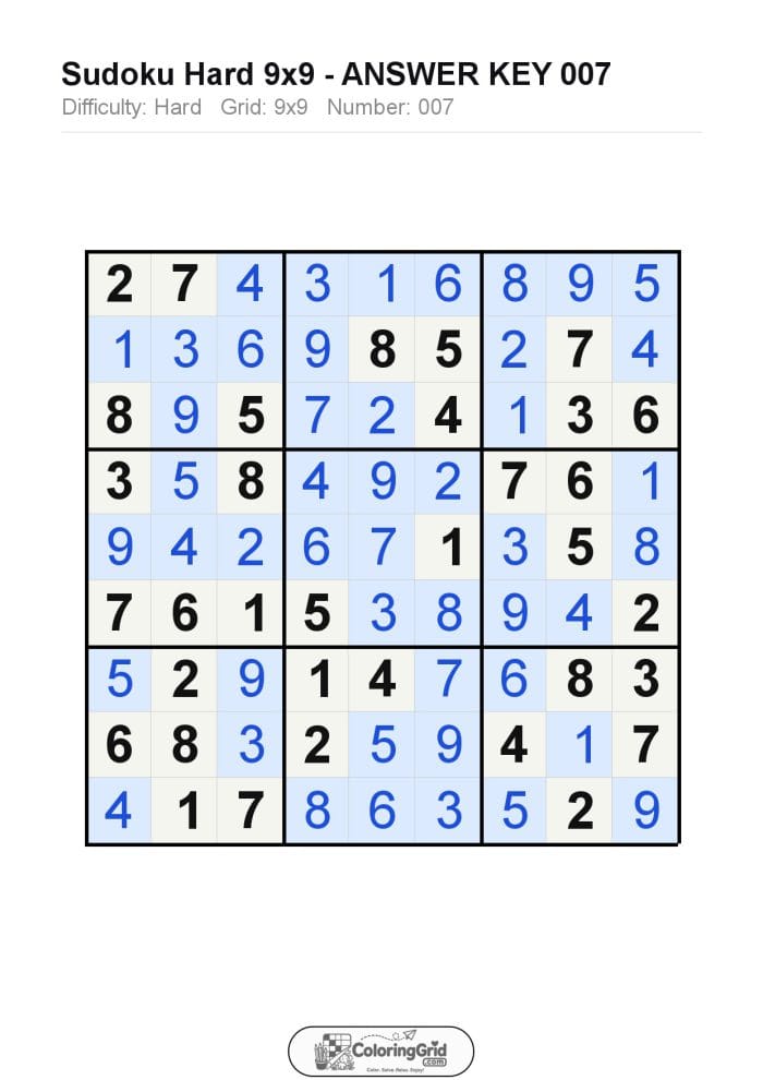 Sudoku HARD 9x9 Puzzle 007 - ANSWER