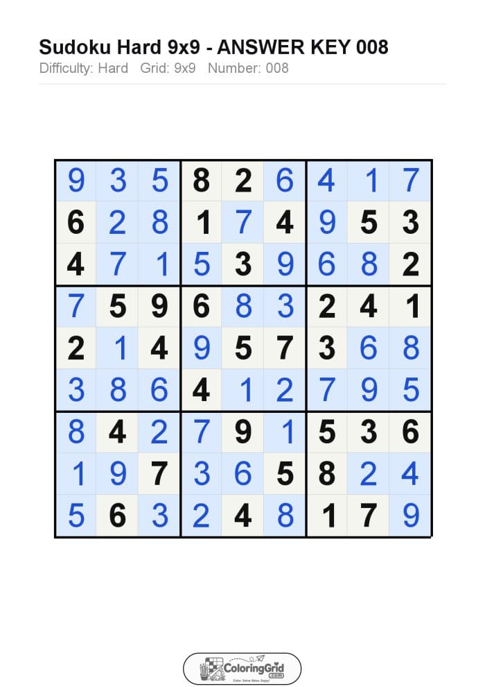 Sudoku HARD 9x9 Puzzle 008 - ANSWER