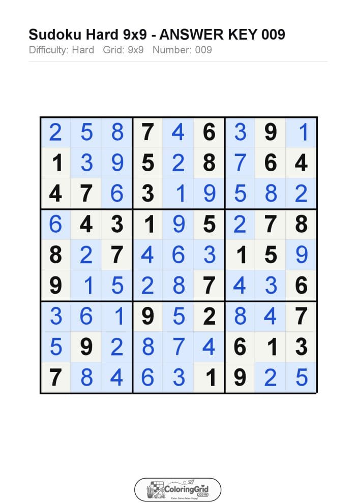 Sudoku HARD 9x9 Puzzle 009 - ANSWER