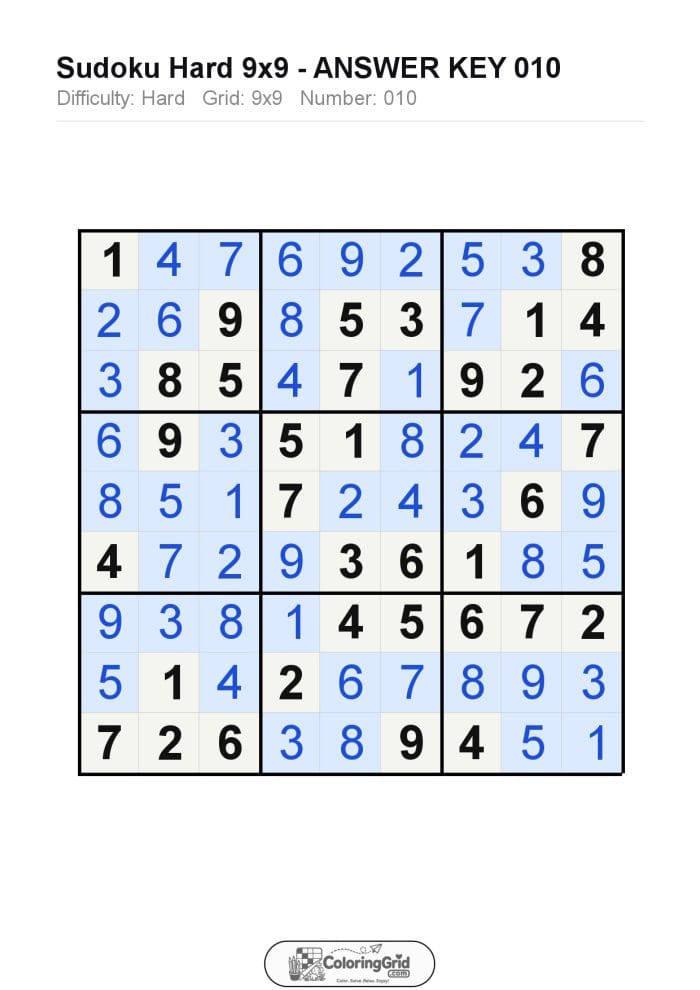 Sudoku HARD 9x9 Puzzle 010 - ANSWER