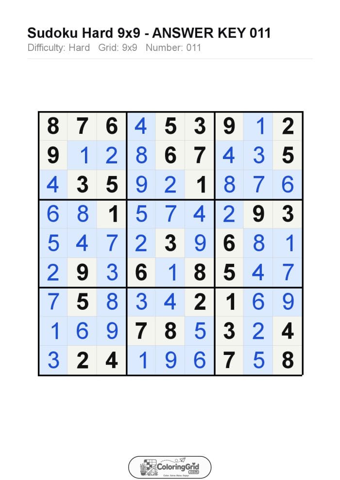 Sudoku HARD 9x9 Puzzle 011 - ANSWER