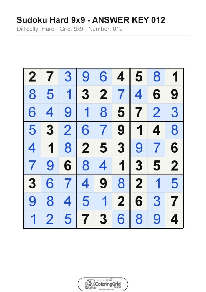 Sudoku HARD 9x9 Puzzle 012 - ANSWER