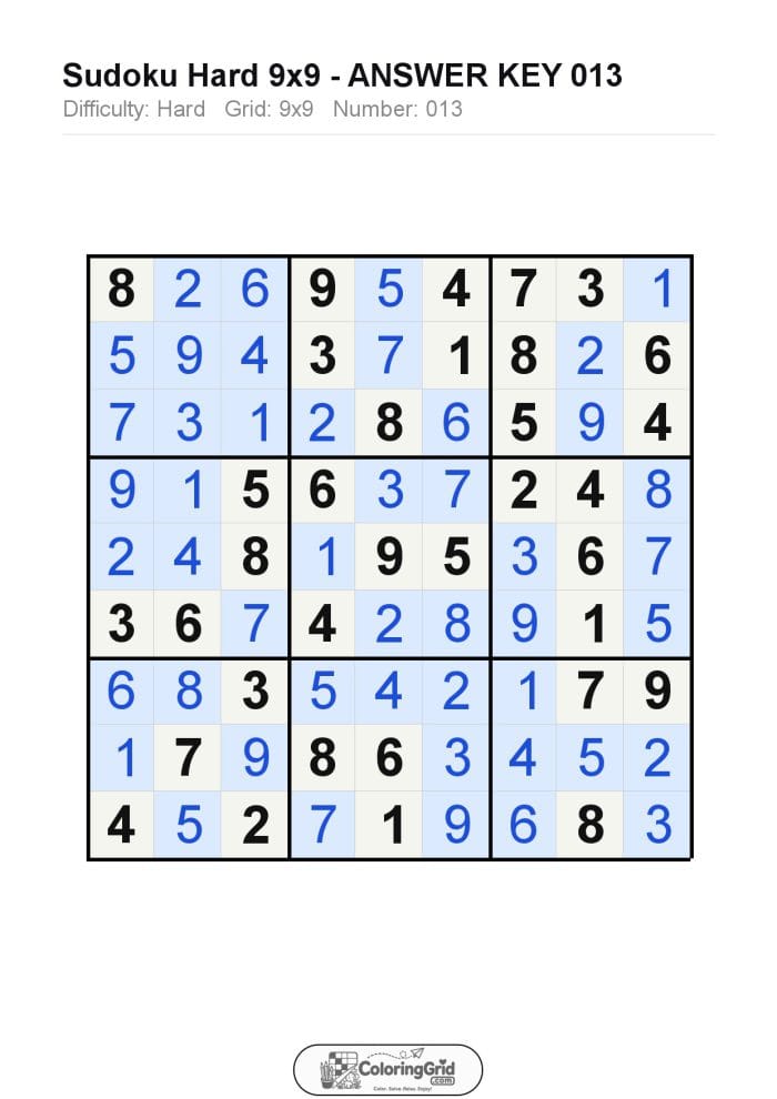 Sudoku HARD 9x9 Puzzle 013 - ANSWER