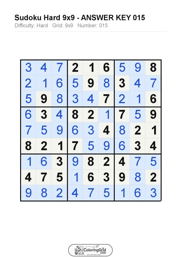 Sudoku HARD 9x9 Puzzle 015 - ANSWER