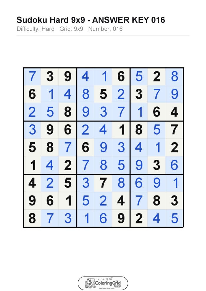 Sudoku HARD 9x9 Puzzle 016 - ANSWER