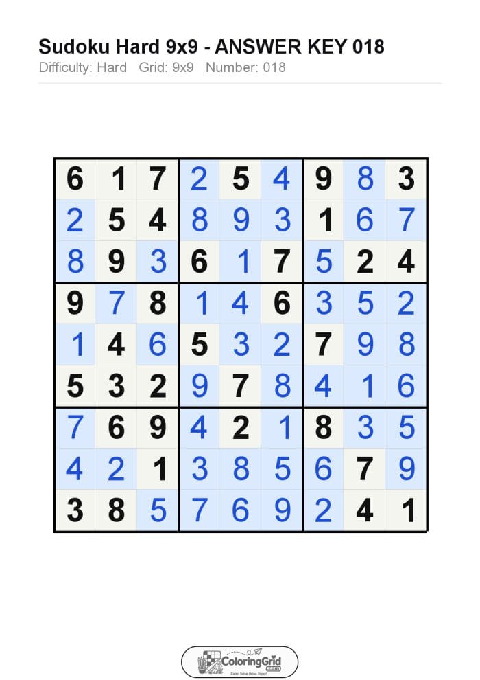 Sudoku HARD 9x9 Puzzle 018 - ANSWER