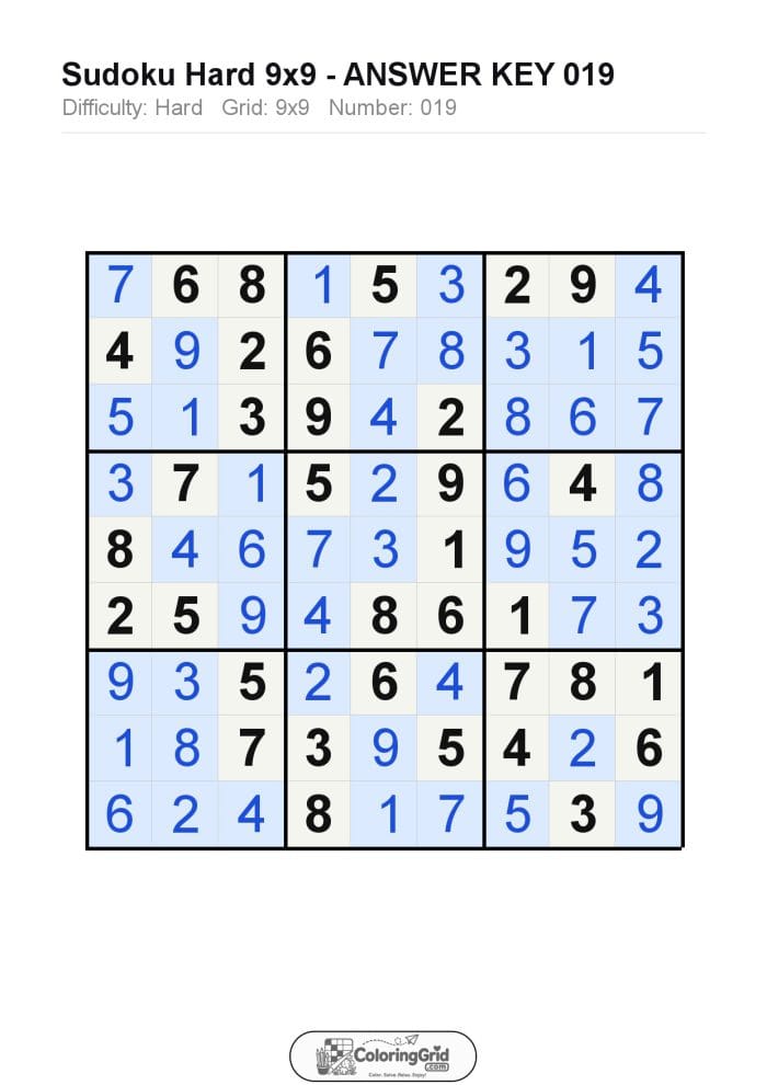 Sudoku HARD 9x9 Puzzle 019 - ANSWER