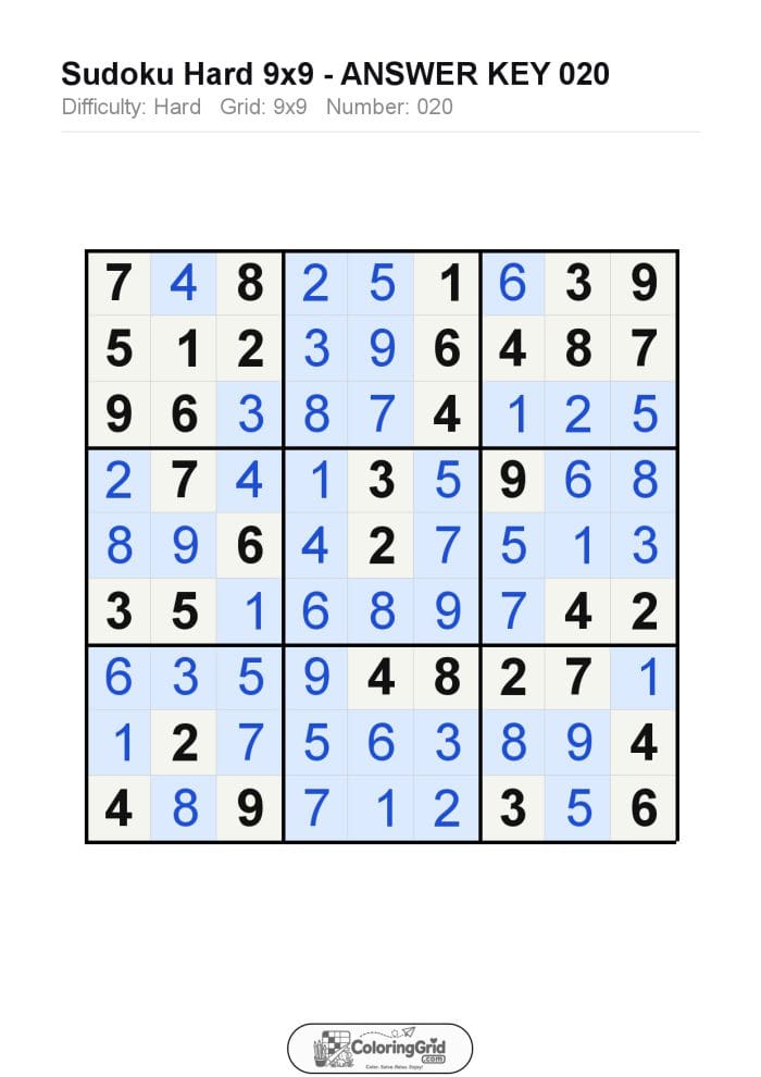 Sudoku HARD 9x9 Puzzle 020 - ANSWER
