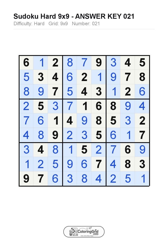 Sudoku HARD 9x9 Puzzle 021 - ANSWER