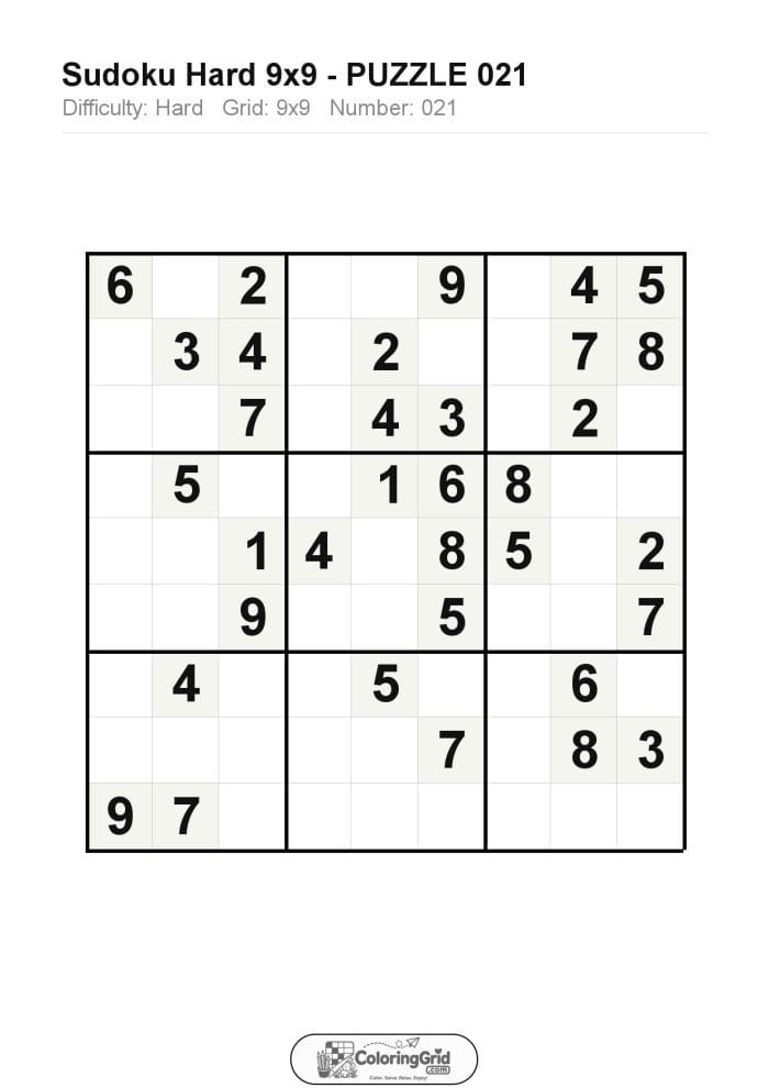 Sudoku HARD 9x9 Puzzle 021