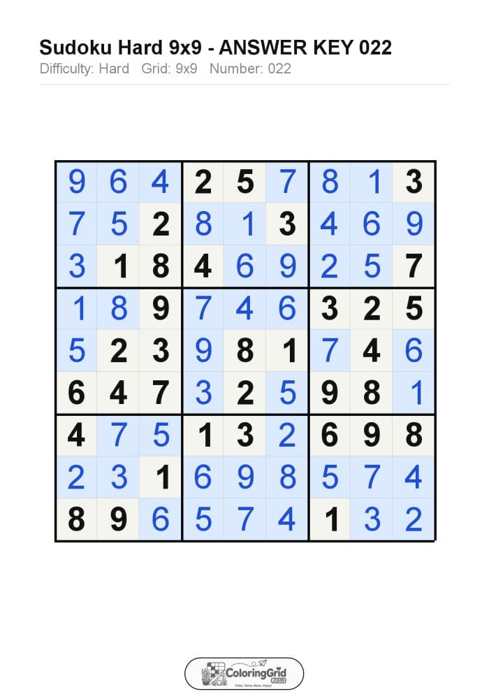 Sudoku HARD 9x9 Puzzle 022 - ANSWER