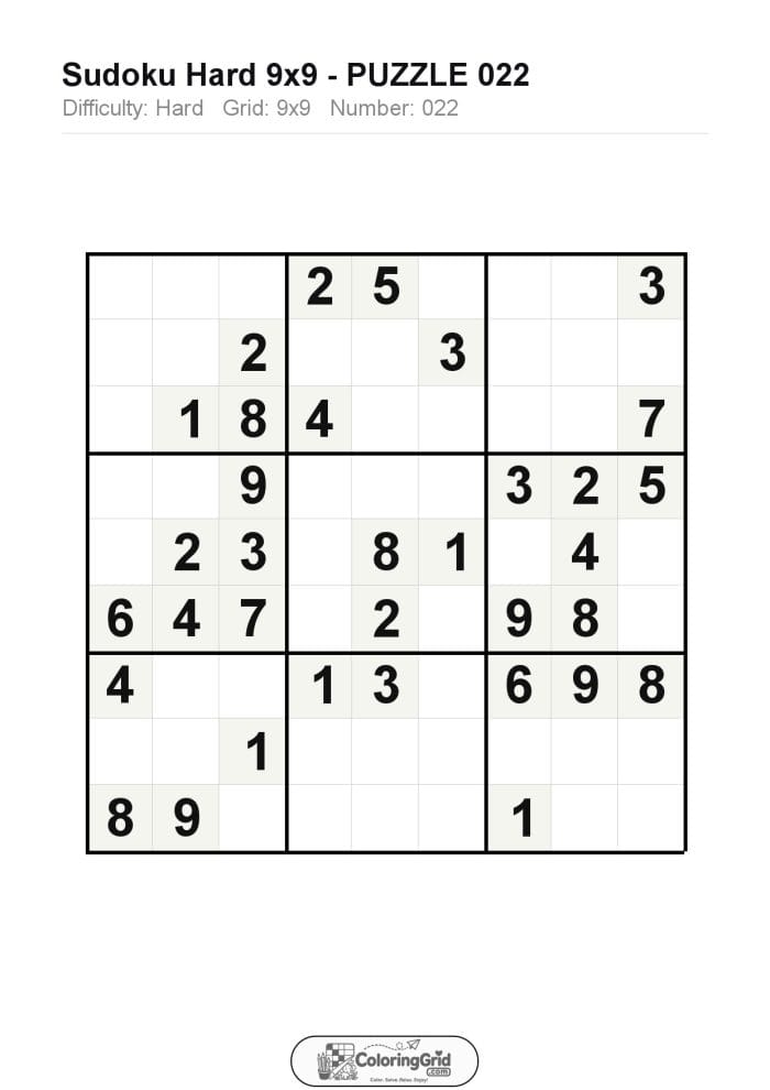 Sudoku HARD 9x9 Puzzle 022