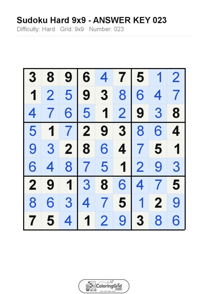 Sudoku HARD 9x9 Puzzle 023 - ANSWER