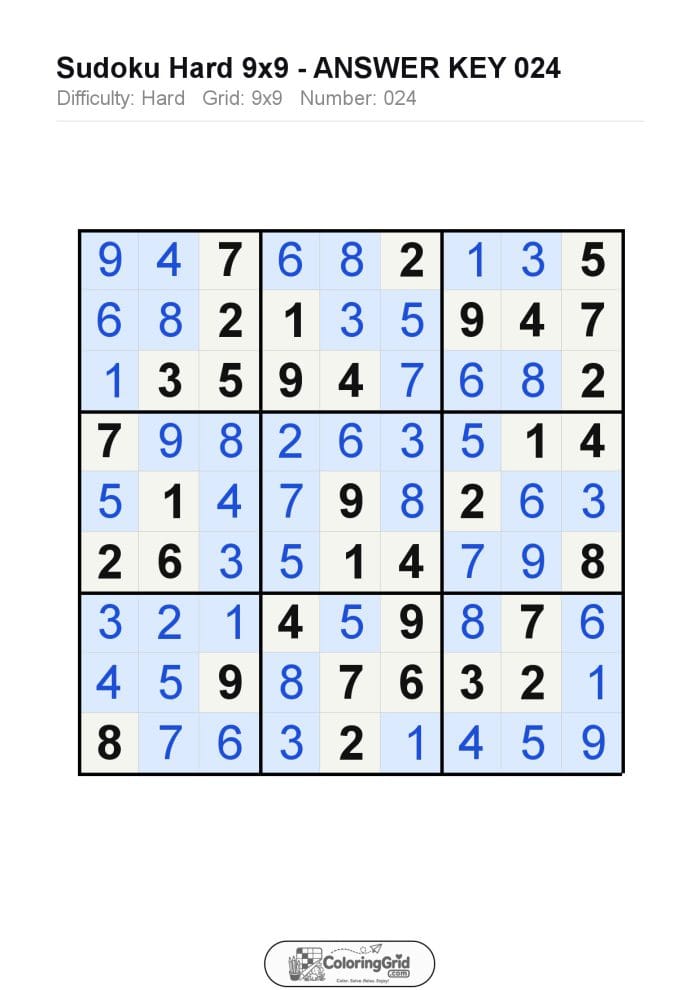 Sudoku HARD 9x9 Puzzle 024 - ANSWER