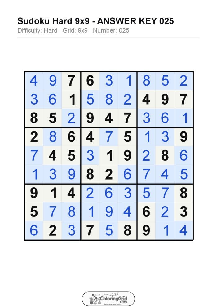 Sudoku HARD 9x9 Puzzle 025 - ANSWER