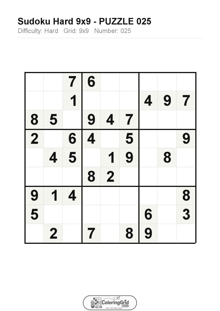 Sudoku HARD 9x9 Puzzle 025