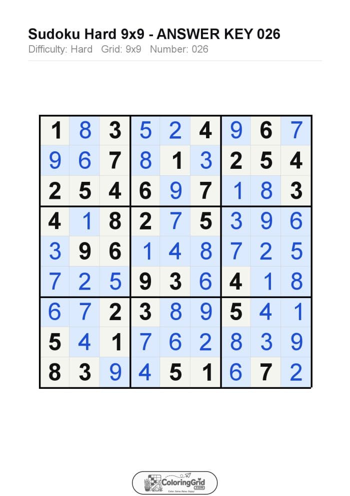 Sudoku HARD 9x9 Puzzle 026 - ANSWER