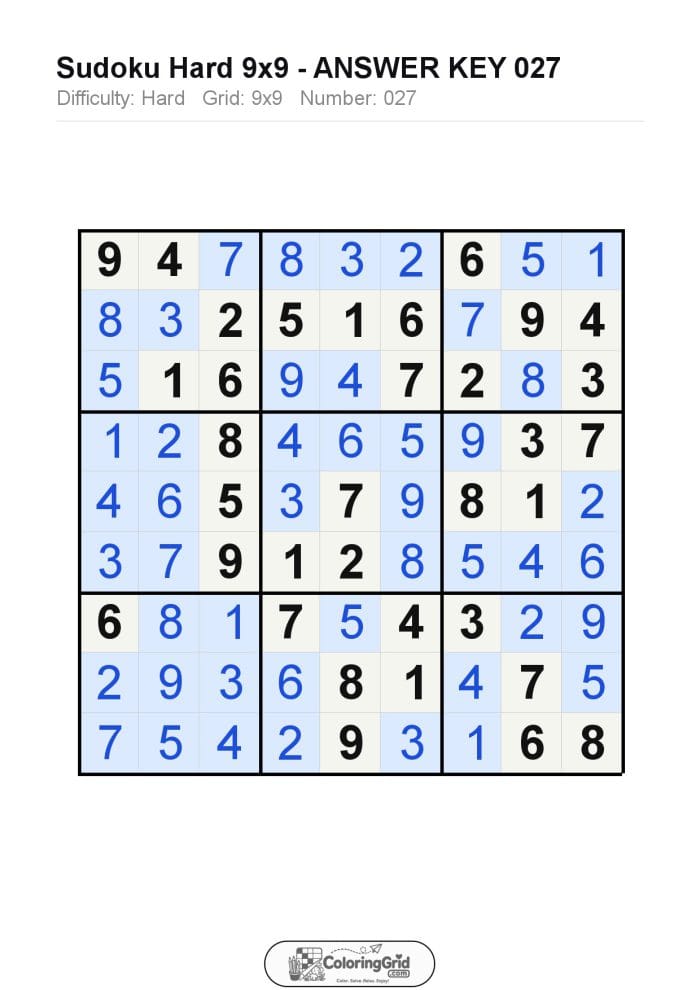 Sudoku HARD 9x9 Puzzle 027 - ANSWER