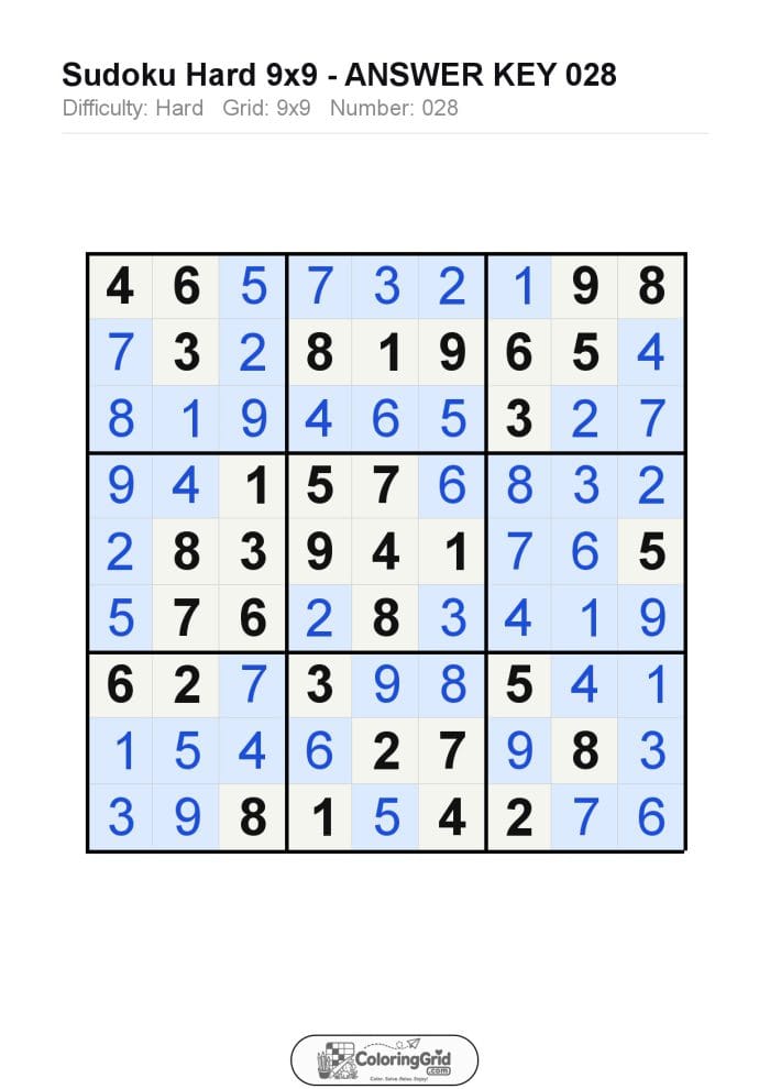 Sudoku HARD 9x9 Puzzle 028 - ANSWER