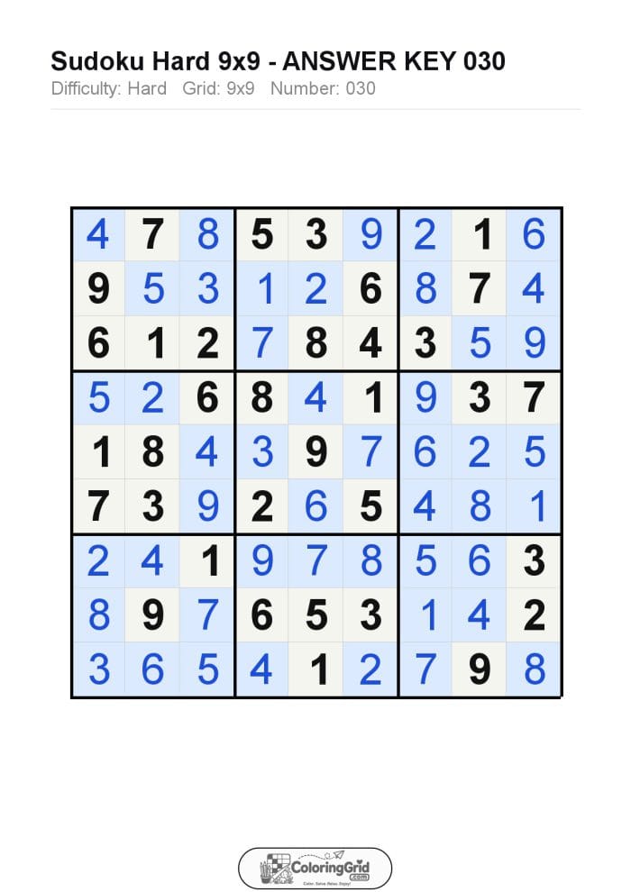 Sudoku HARD 9x9 Puzzle 030 - ANSWER
