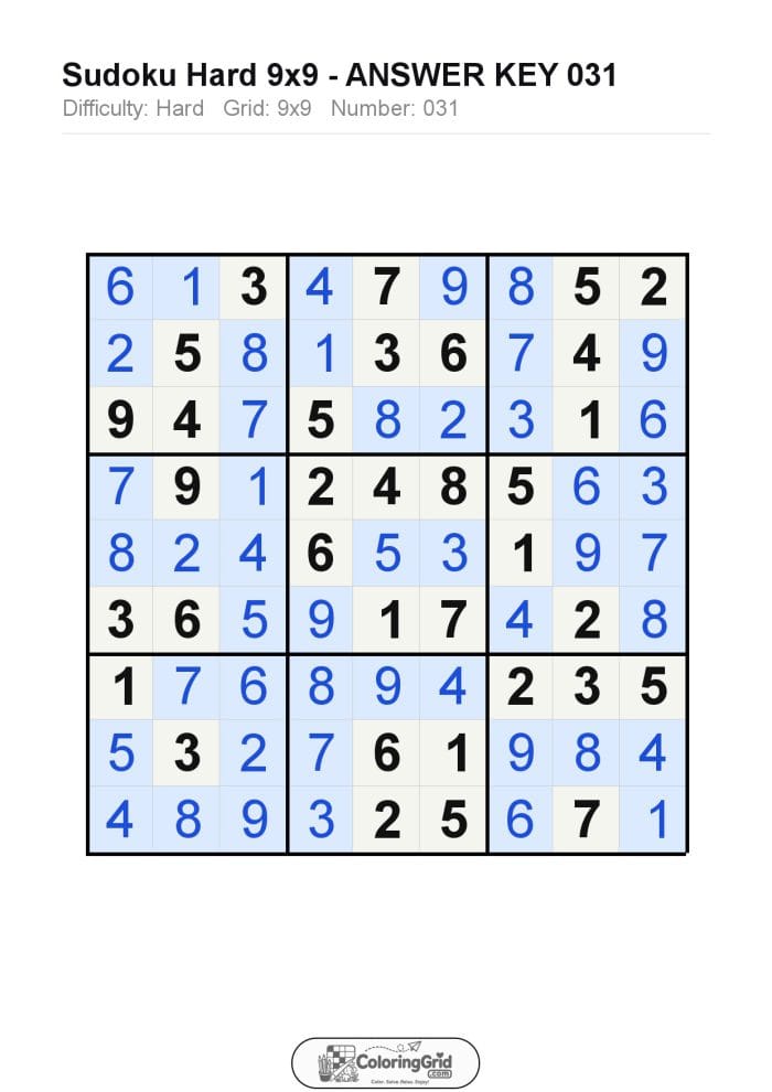 Sudoku HARD 9x9 Puzzle 031 - ANSWER