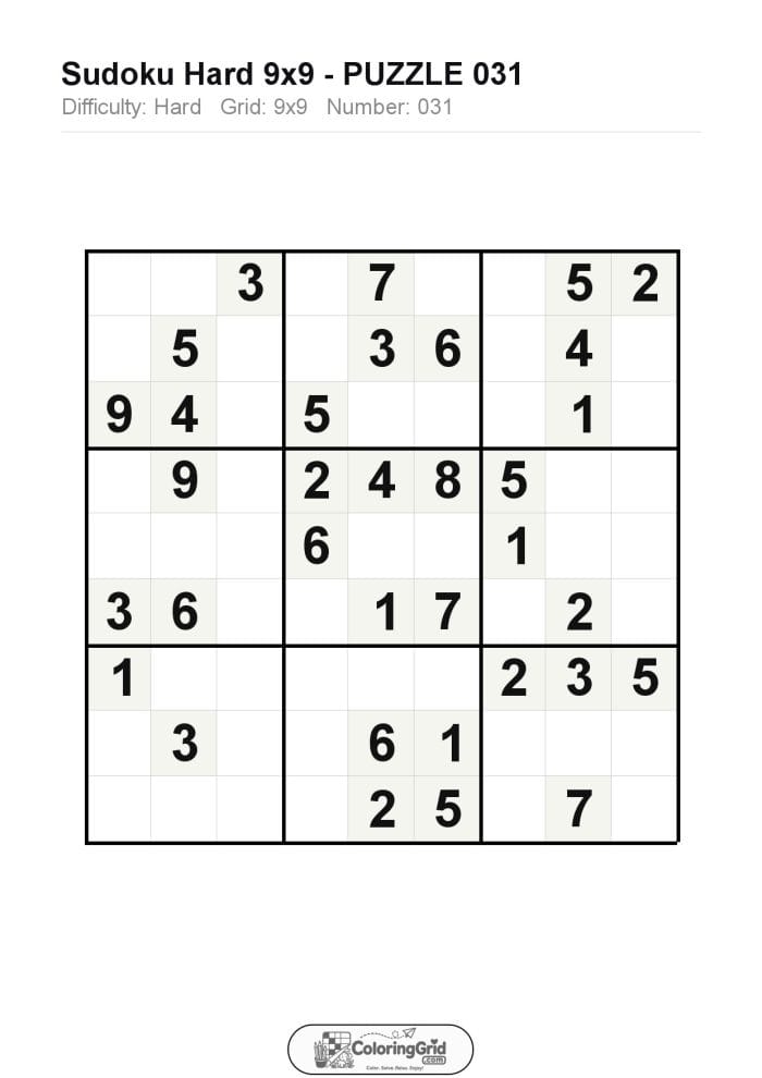 Sudoku HARD 9x9 Puzzle 031