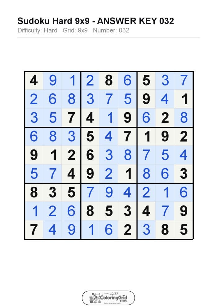 Sudoku HARD 9x9 Puzzle 032 - ANSWER
