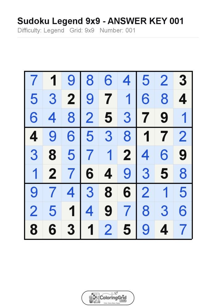 Sudoku LEGEND 9x9 Puzzle 001 - ANSWER