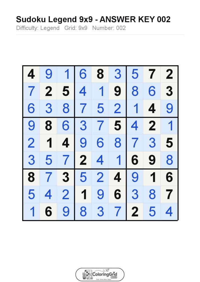 Sudoku LEGEND 9x9 Puzzle 002 - ANSWER