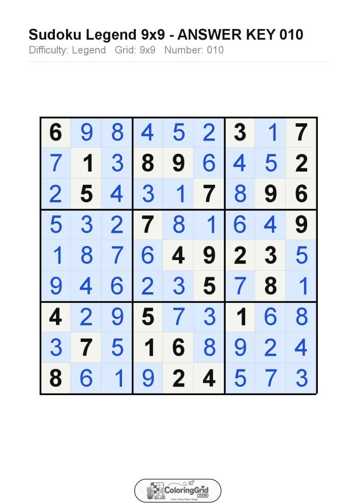 Sudoku LEGEND 9x9 Puzzle 010 - ANSWER