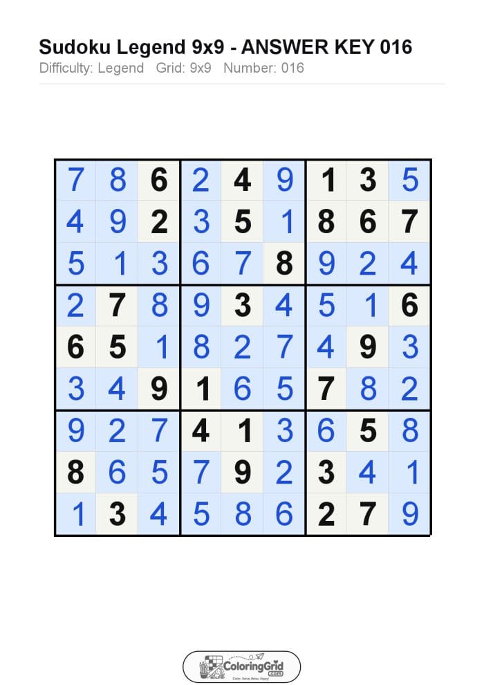 Sudoku LEGEND 9x9 Puzzle 016 - ANSWER