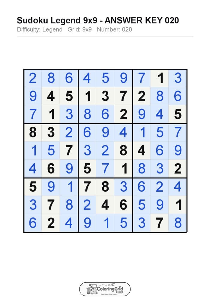 Sudoku LEGEND 9x9 Puzzle 020 - ANSWER
