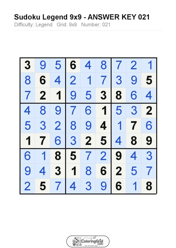 Sudoku LEGEND 9x9 Puzzle 021 - ANSWER