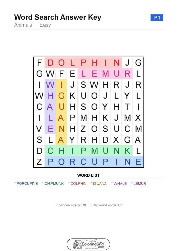Word Search EASY - Animals Puzzle 001 - ANSWER