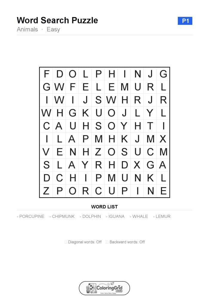 Word Search EASY - Animals Puzzle 001