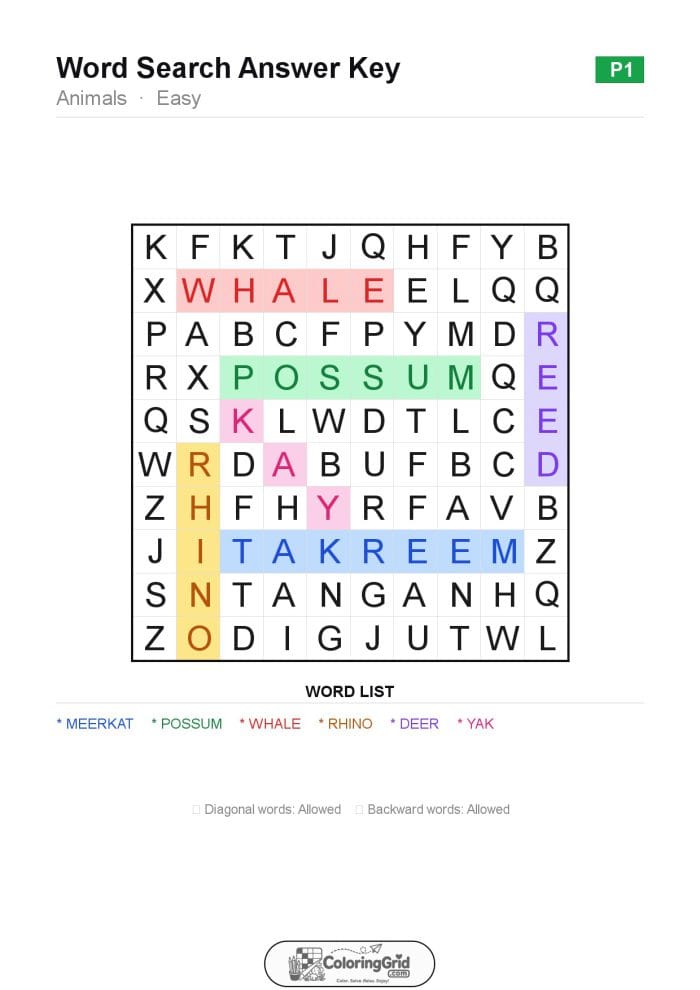 Word Search EASY - Animals Puzzle 001 - ANSWER