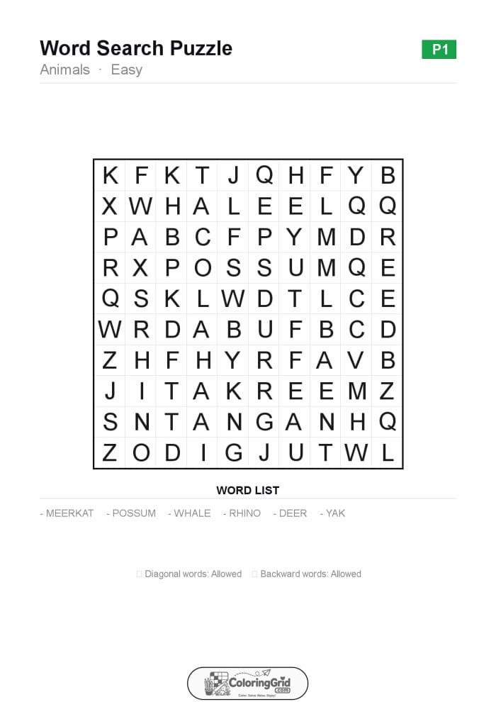 Word Search EASY - Animals Puzzle 001
