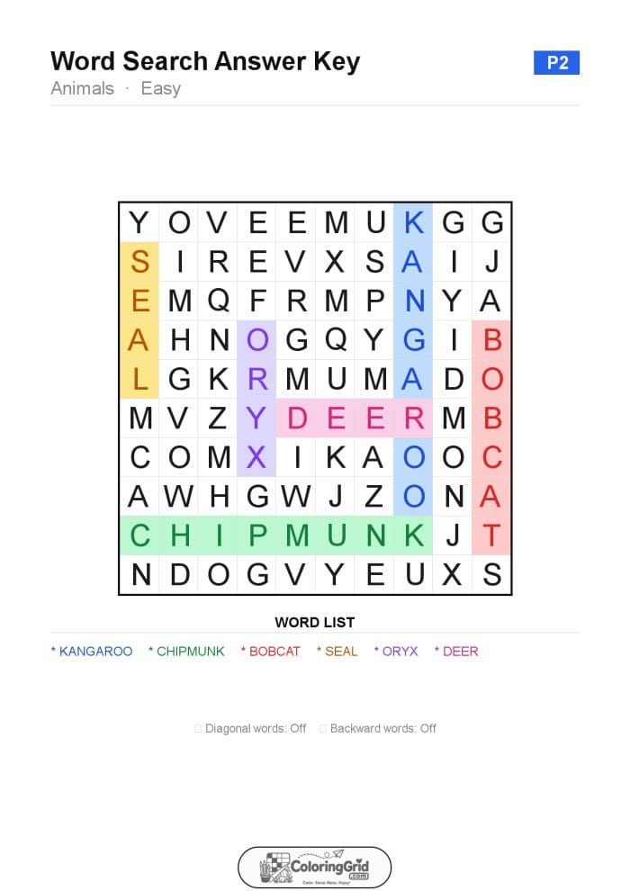 Word Search EASY - Animals Puzzle 002 - ANSWER
