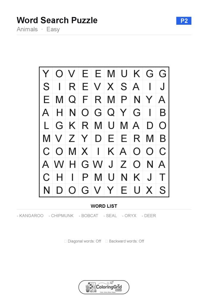 Word Search EASY - Animals Puzzle 002
