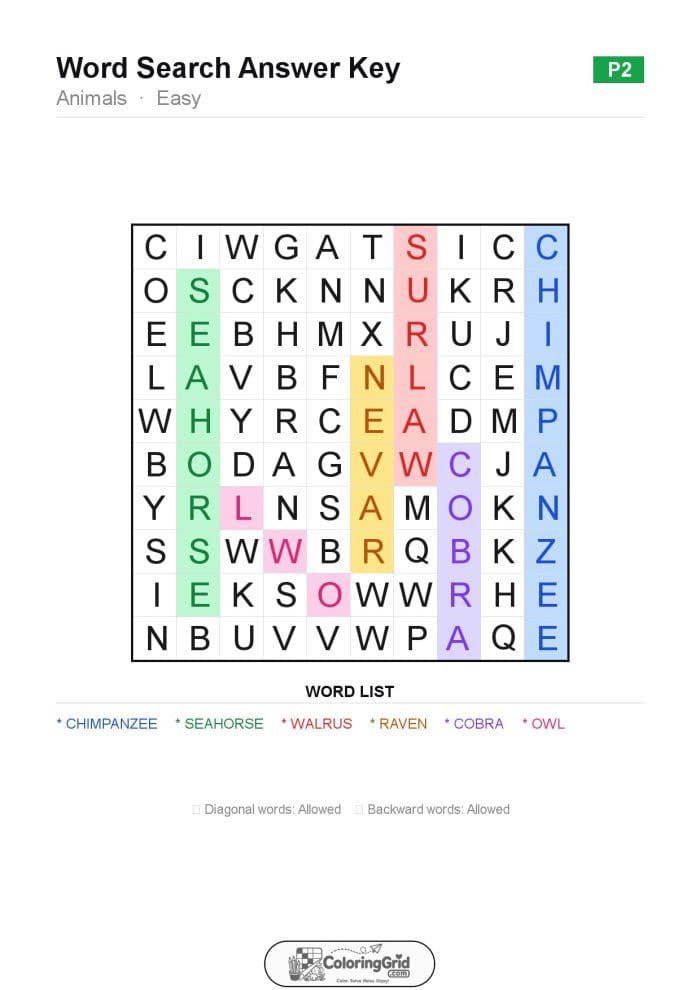 Word Search EASY - Animals Puzzle 002 - ANSWER
