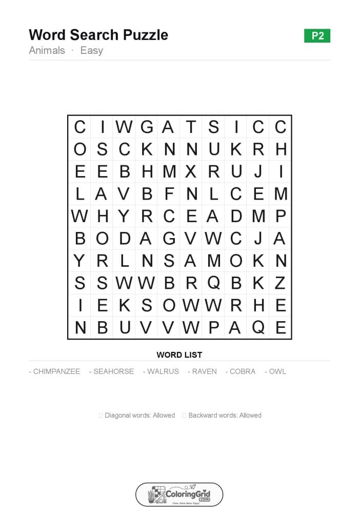 Word Search EASY - Animals Puzzle 002