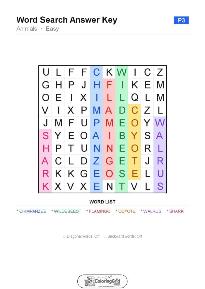 Word Search EASY - Animals Puzzle 003 - ANSWER