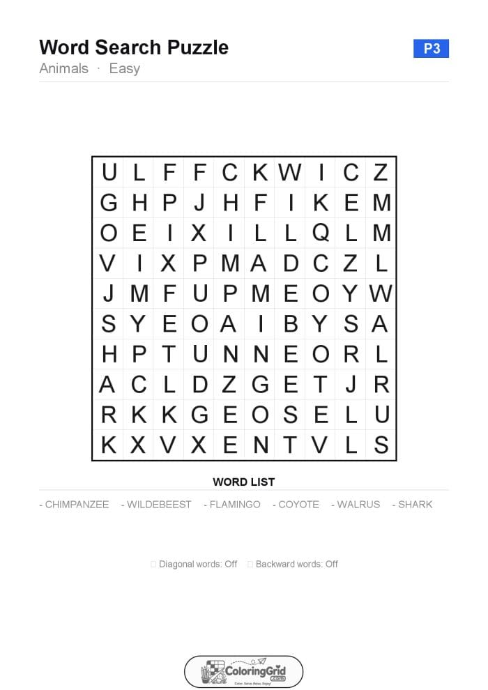 Word Search EASY - Animals Puzzle 003