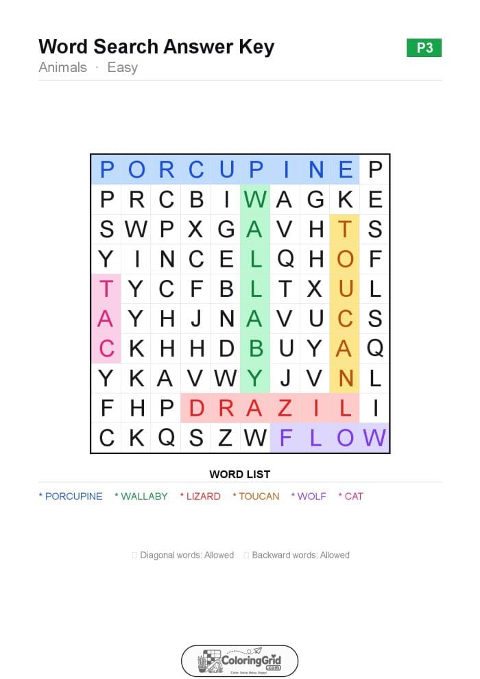 Word Search EASY - Animals Puzzle 003 - ANSWER