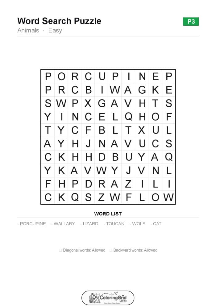 Word Search EASY - Animals Puzzle 003