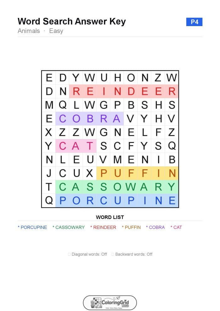 Word Search EASY - Animals Puzzle 004 - ANSWER
